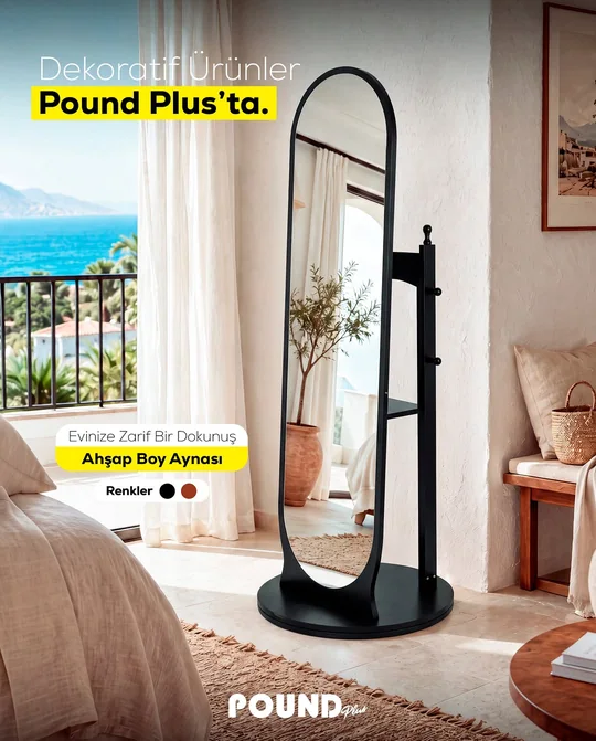 Rotating wooden floor mirror with shelves — Instagram @mrpoundkibris