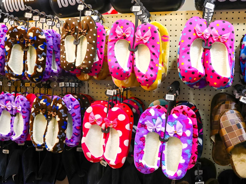 Wall of patterned home slippers